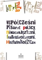 Plansza tytułowa wystawy pt. „Współcześni pisarze polscy, niemieckojęzyczni, francuskojęzyczni, hiszpańskojęzyczni”