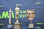 Na zdjęciu widoczne trzy nagrody-statuetki. Od lewej: Nagroda Brytyjskiej Akademii Filmowej, Nagroda Akademii Filmowej, Nagroda Europejskiej Akademii Filmowej.