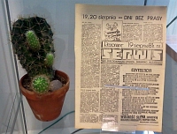 Fragment wystawy w witrynie: wyeksponowany na przezroczystej podstawce numer „Rezonansu” - Pisma NSZZ „Solidarno” obok za w tej glinianej doniczce 3 podune odygi kaktusa z drobnymi cierniami zgrupowanymi w regularnych koncentrycznych kpkach.